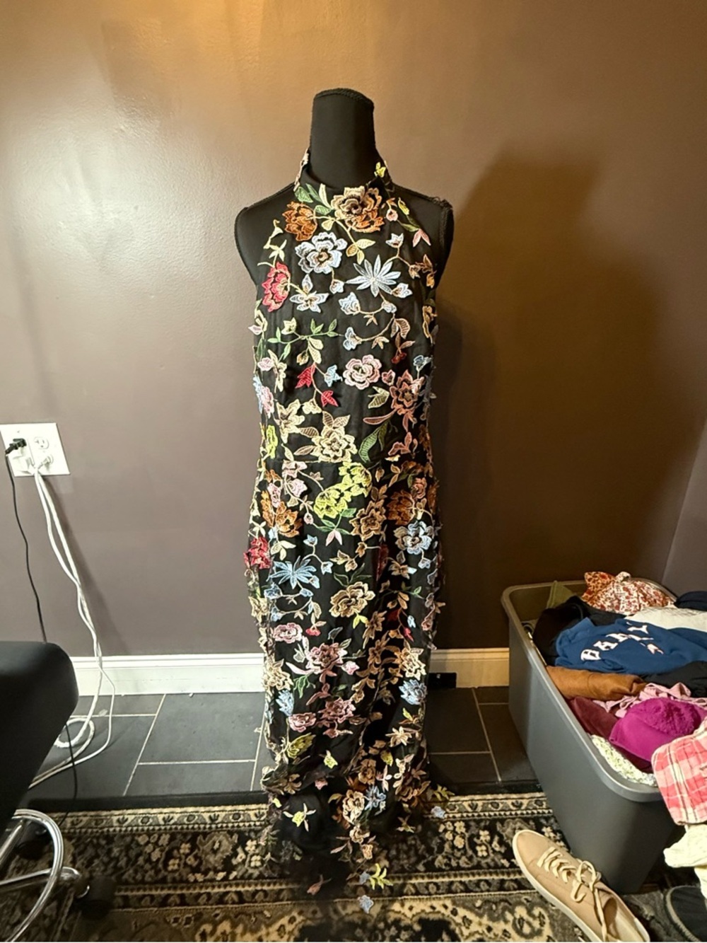 Lulu's Black Floral Halter Maxi Dress with Multicolor Embroidery